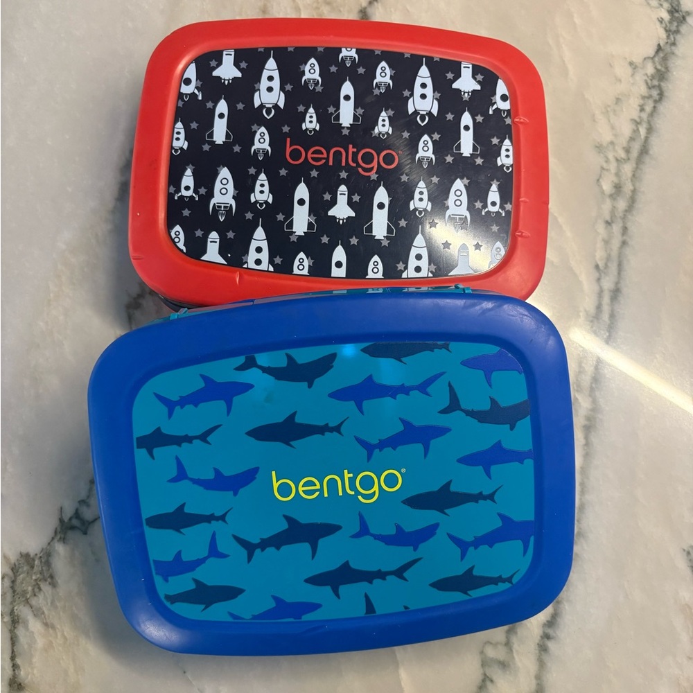 Two Bentgo Kids Lunch Boxs - Blue Shark & Red Rocket